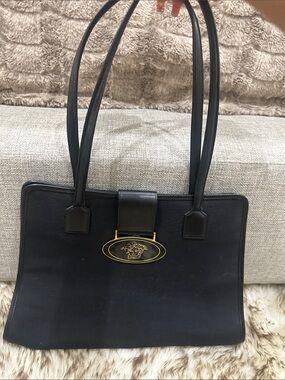 VERSACE Black Shoulder Bag with Gold signature Medusa Medallion